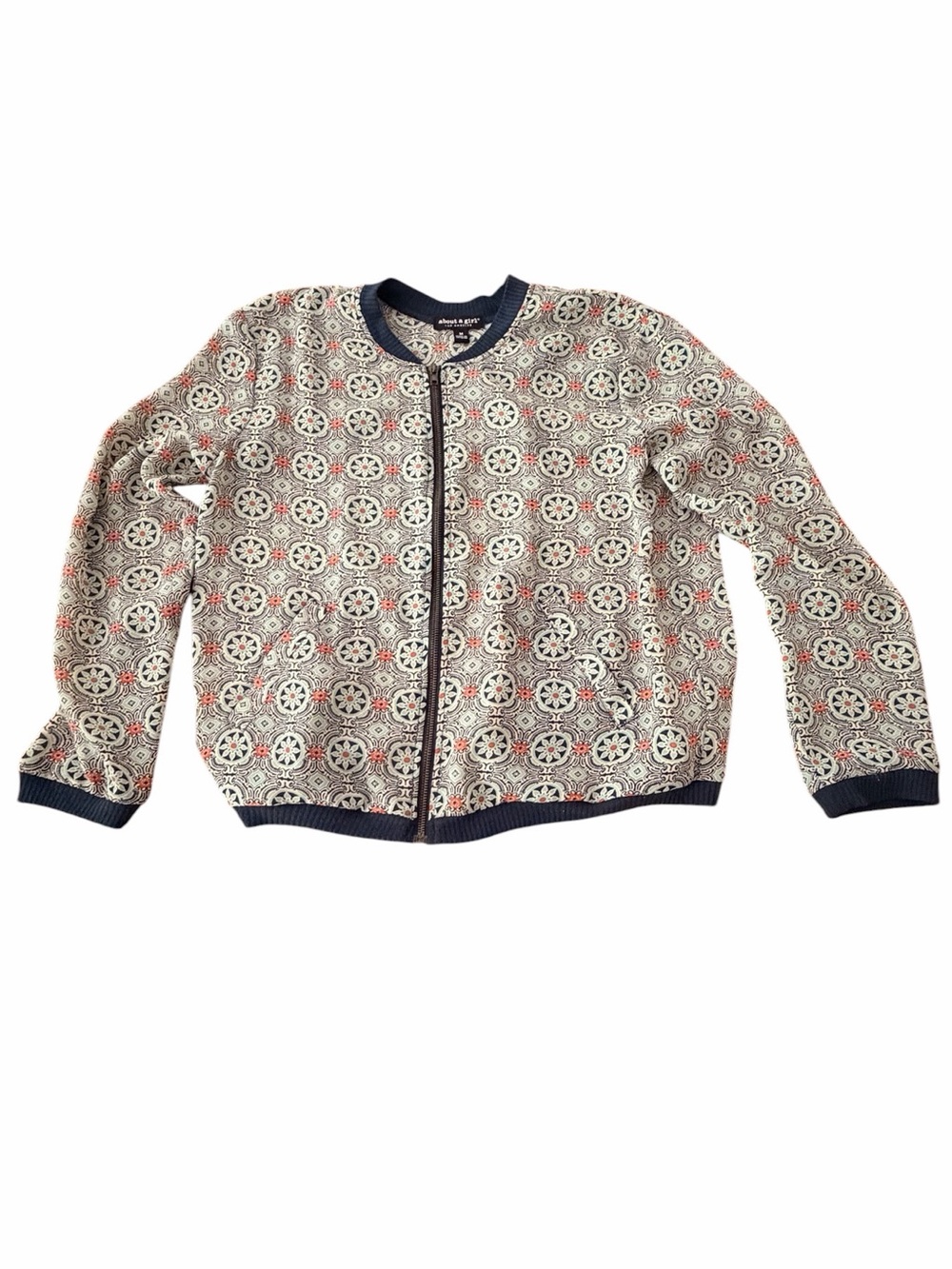 About A Girl Lightweight Navy and Cream Patterned Zip Bomber Jacket Medium